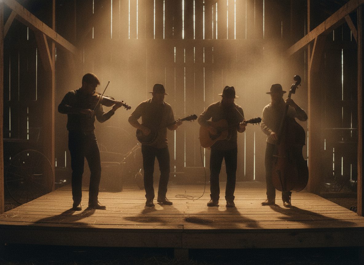 Silhouettes of an old-time string band on a barn-dance stage under warm stage light, no faces visible