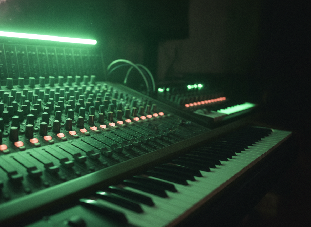 A mixing console and synthesizer glowing under soft green light in a darkened room, no people