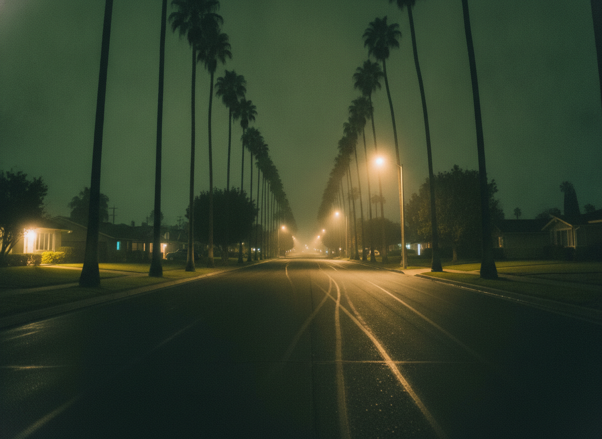 A Los Angeles residential street at night under a soft green-tinted haze, no people in view
