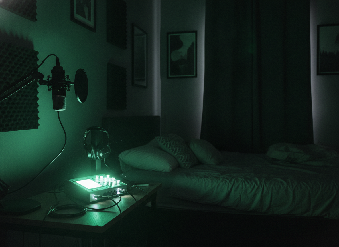 A dim home recording setup washed in soft neon-green light, a microphone and monitors glowing in a dark room