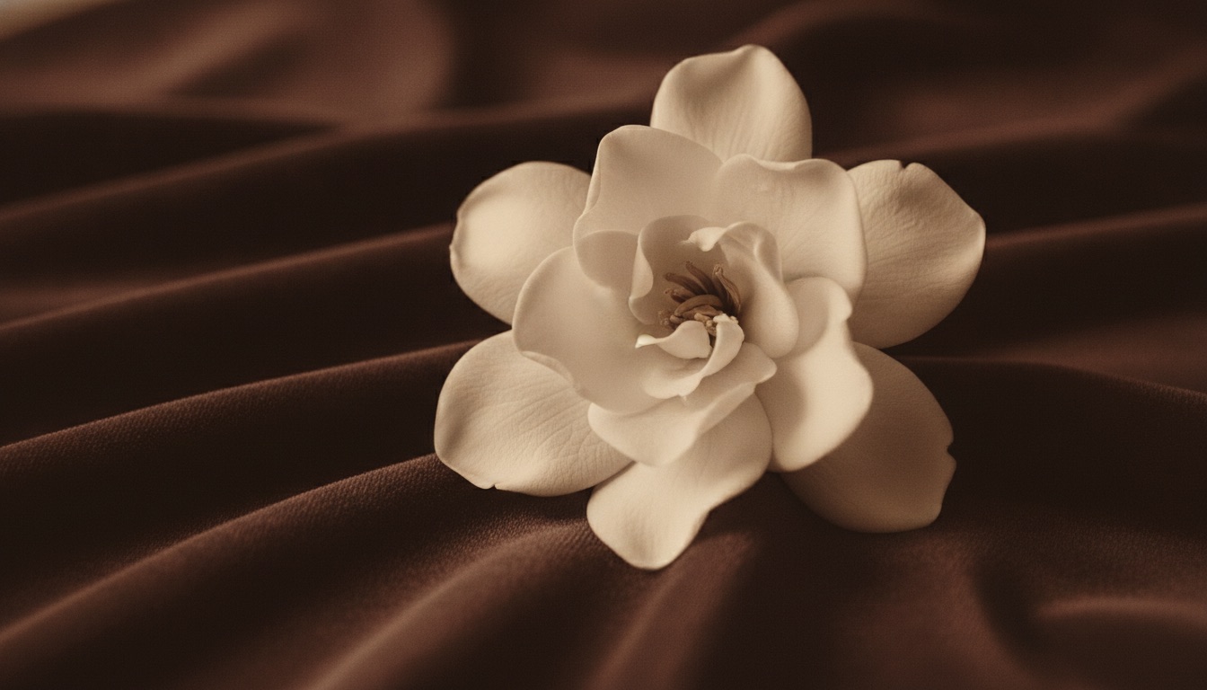 A single white gardenia flower resting on dark velvet in warm sepia light, delicate and melancholic