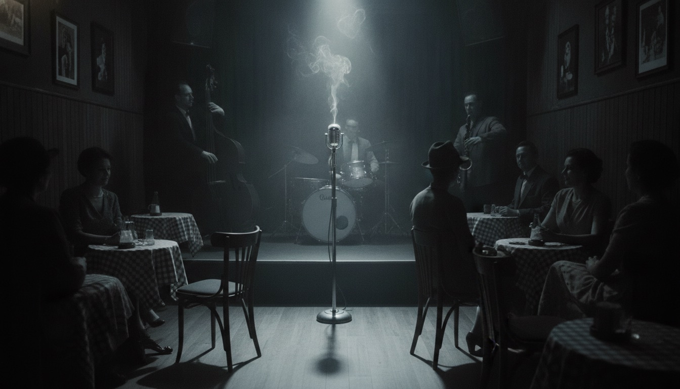 A smoky dim 1950s jazz club with a single spotlit microphone, sepia and blue tones, intimate