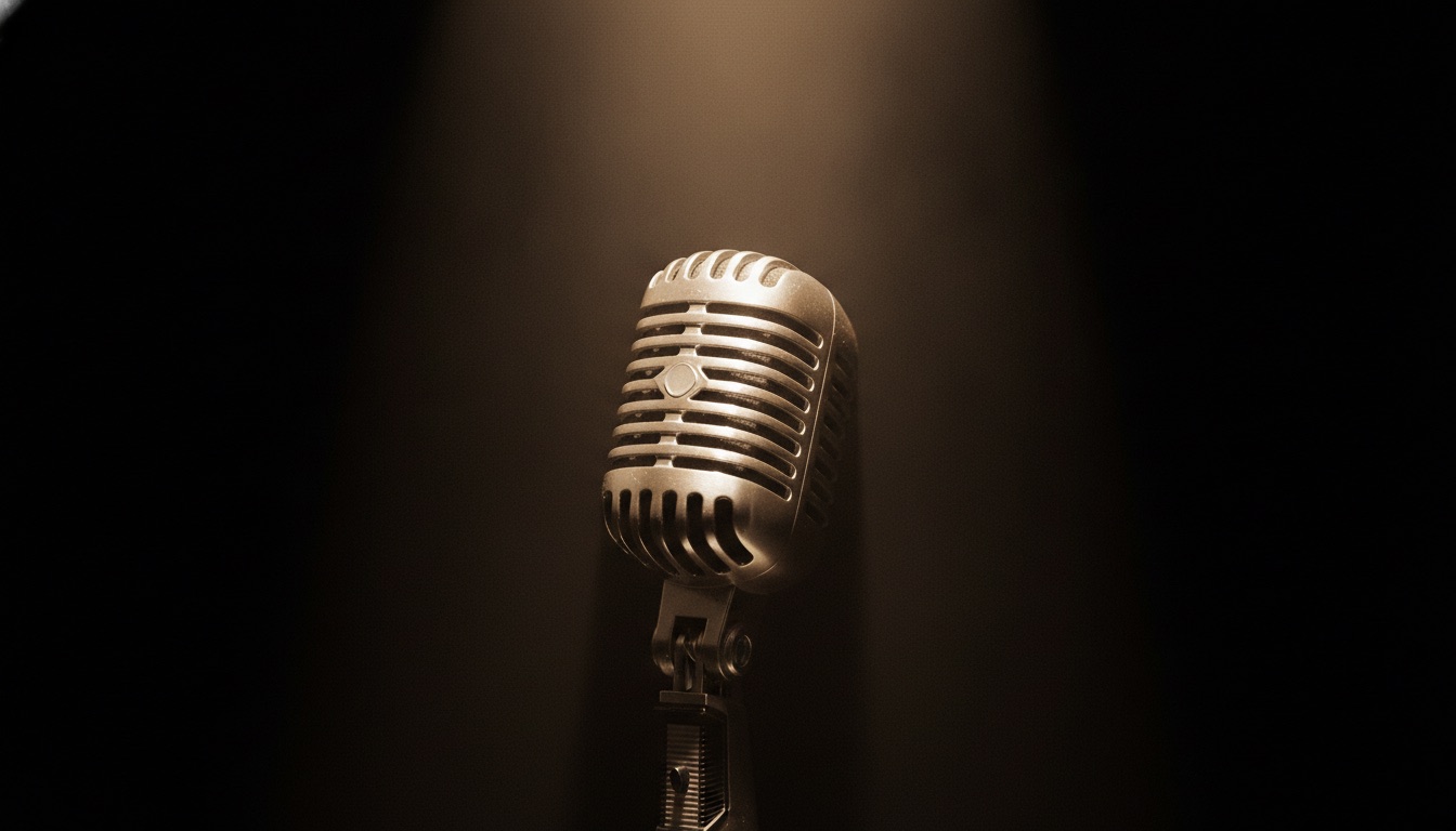A vintage ribbon microphone in warm sepia spotlight against deep shadow, elegant and sad