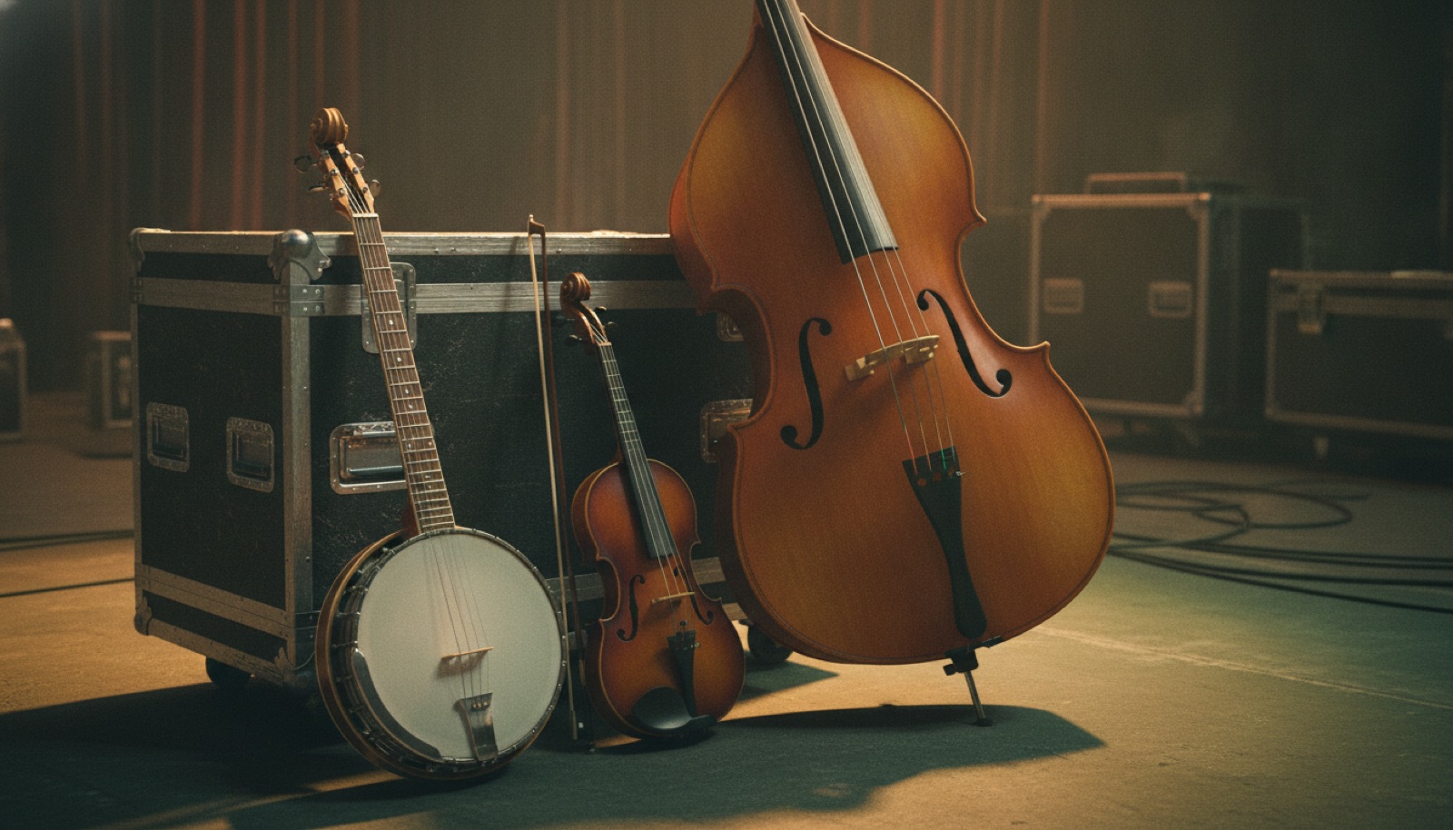 Banjo, fiddle and upright bass resting against a road case backstage