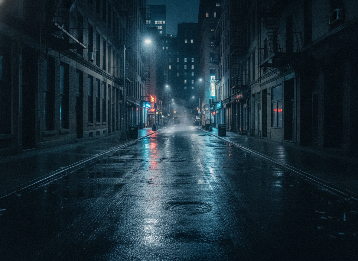 A rain-slick New York street at night lit by cold streetlights and neon reflections, no people in frame