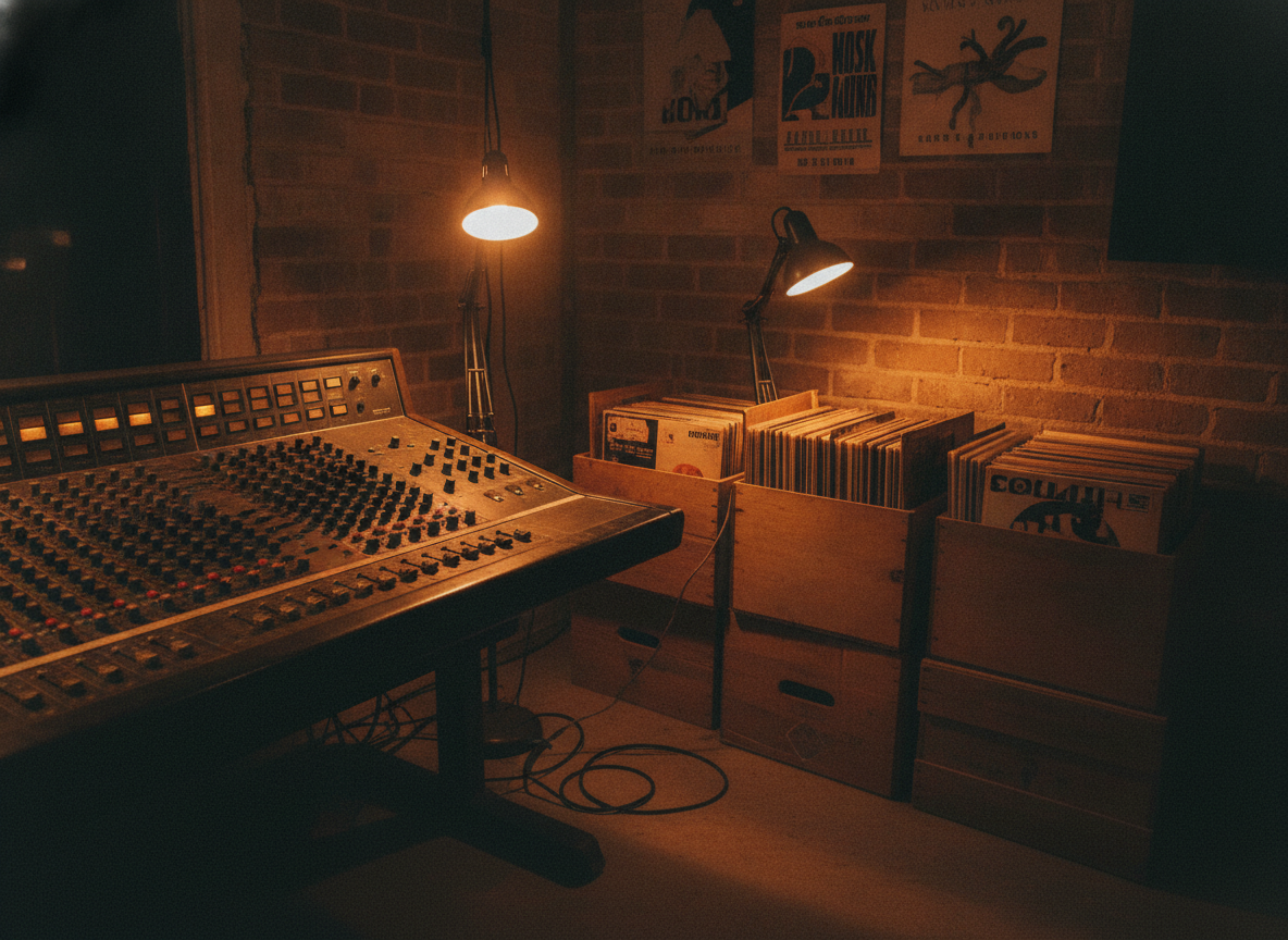 A dim recording studio corner with a mixing board and stacked crates of vinyl records under low light