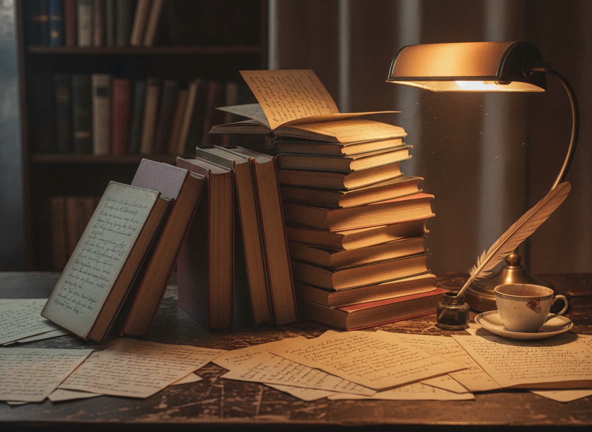 A worn desk with a stack of old paperback books and handwritten pages under a dim warm lamp