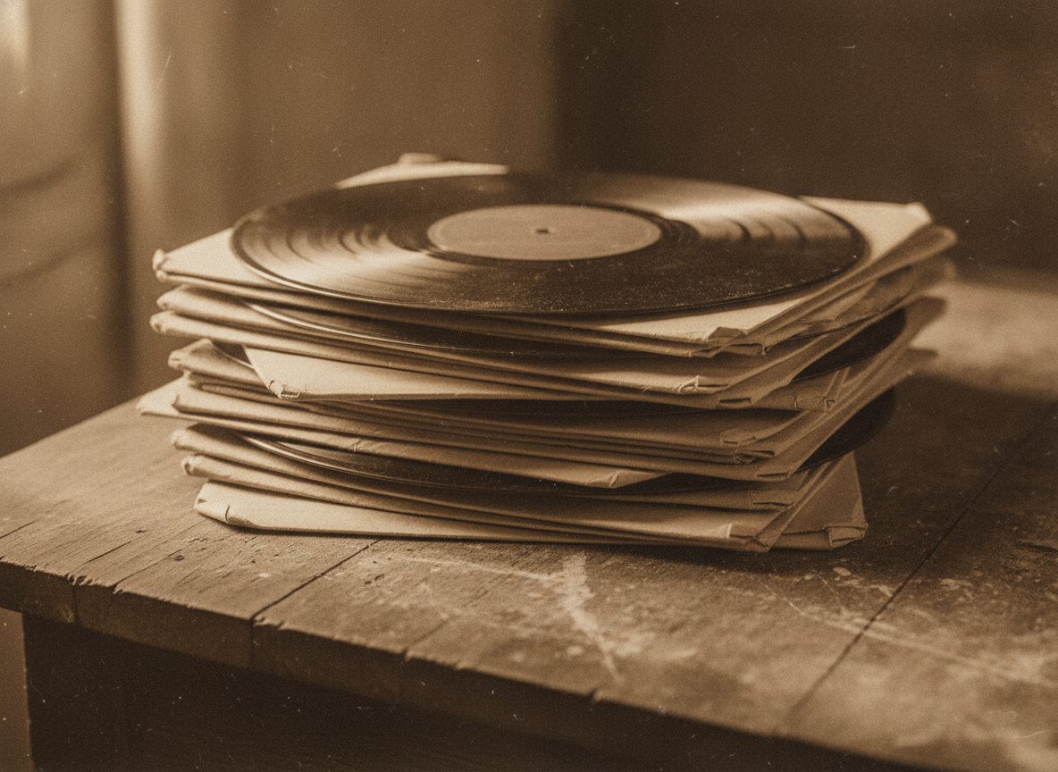 A stack of worn 1920s shellac 78rpm records and a paper sleeve in warm sepia light