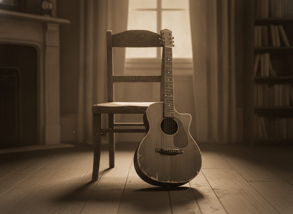 An old acoustic parlor guitar resting on a wooden chair in warm lamplight, sepia tones