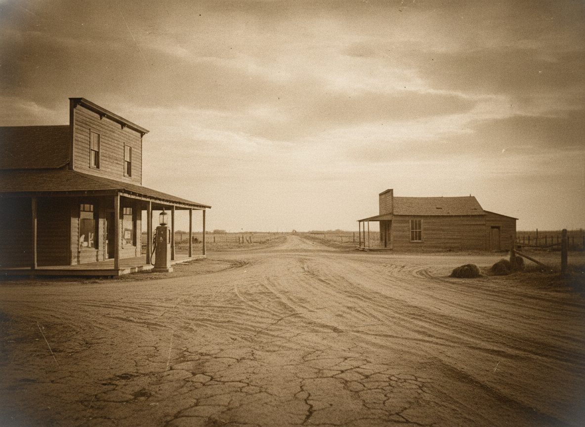 A dusty 1920s Texas street corner in warm sepia light, a wooden storefront and empty boardwalk