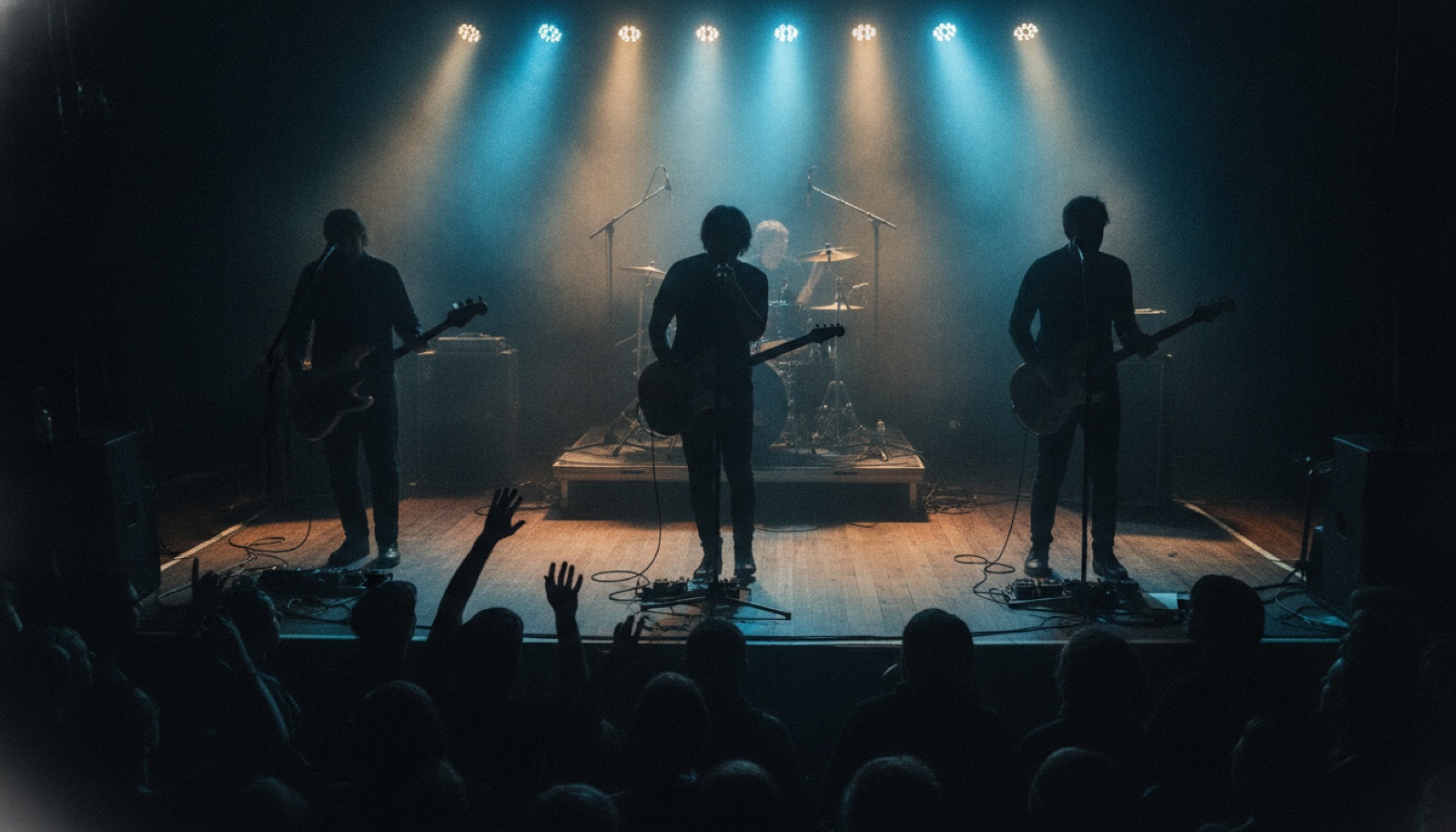 Silhouetted musicians on a small club stage bathed in warm amber and rust stage light