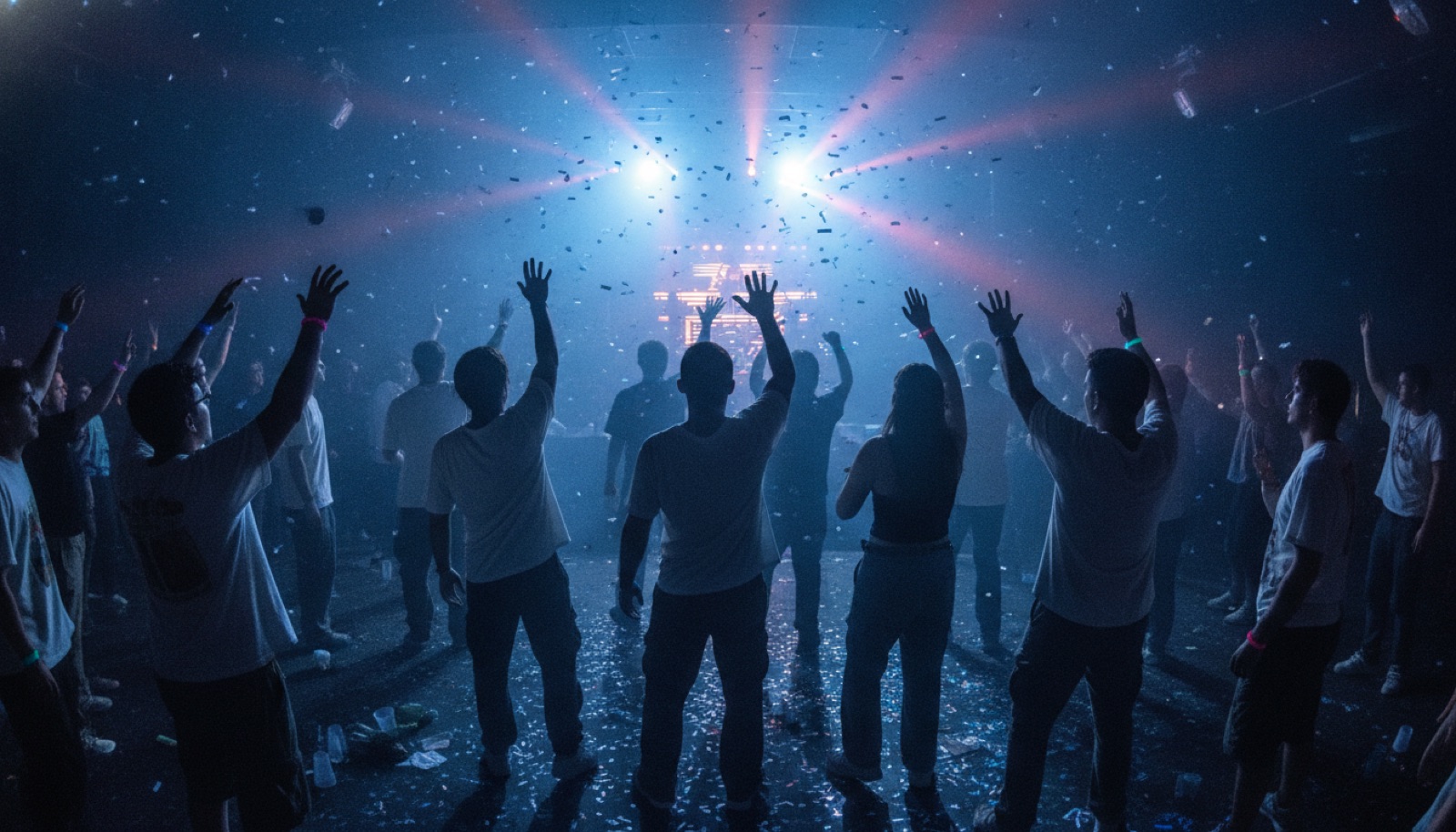 A packed amphitheater crowd silhouetted against warm stage lighting and rising haze