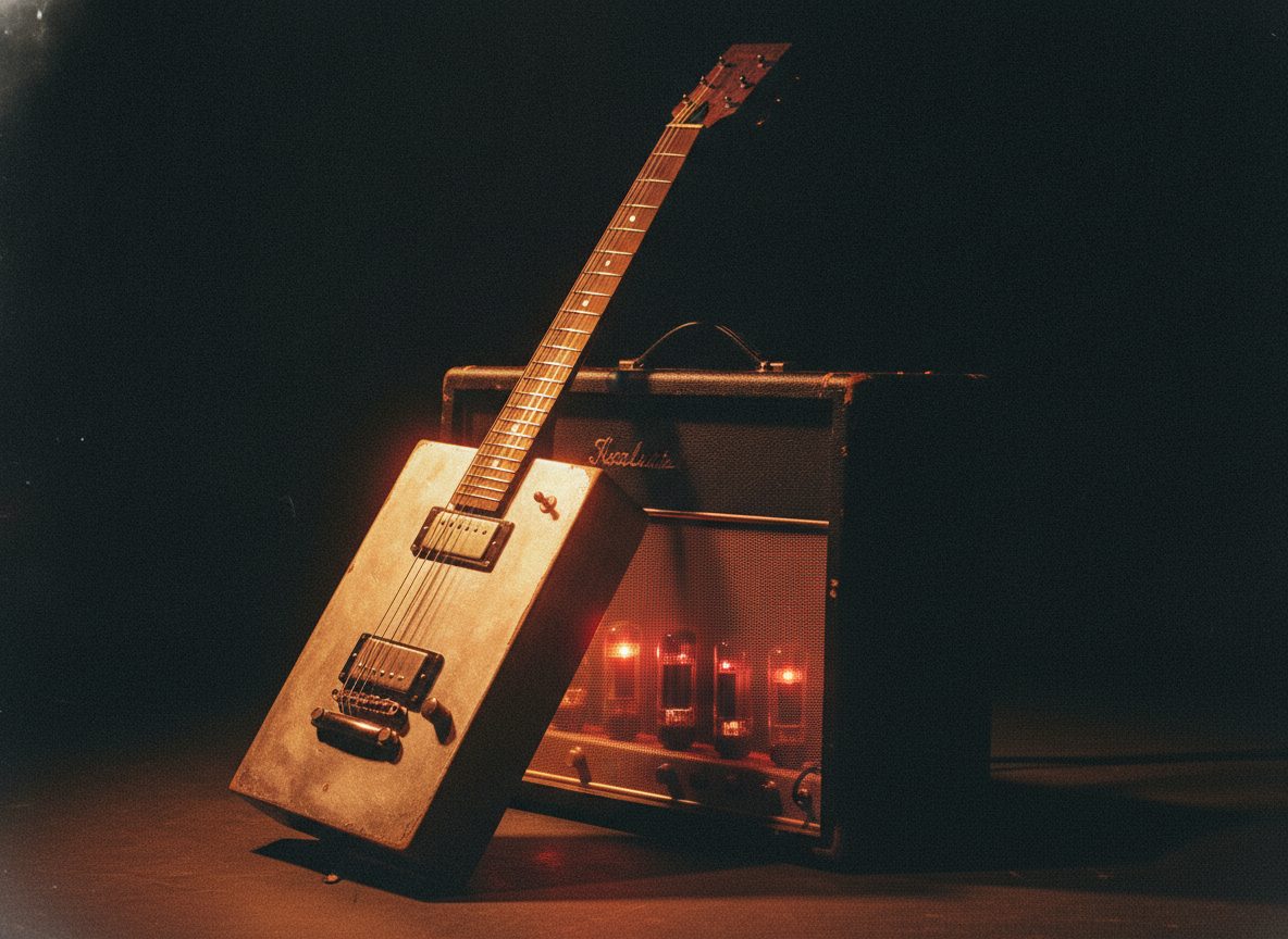 A rectangular boxy electric guitar resting against an amplifier under warm low stage light