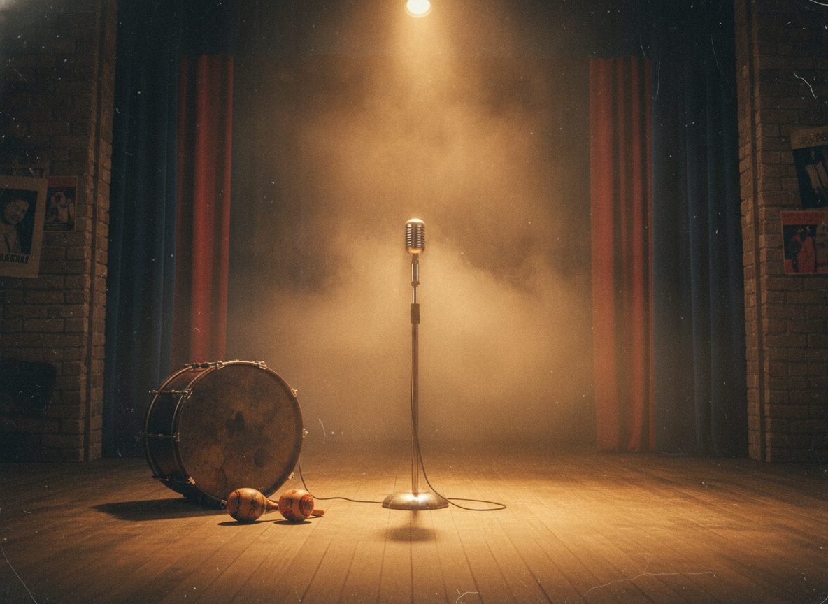 An empty vintage rhythm and blues stage with maracas, a floor tom, and a lone microphone under warm amber light