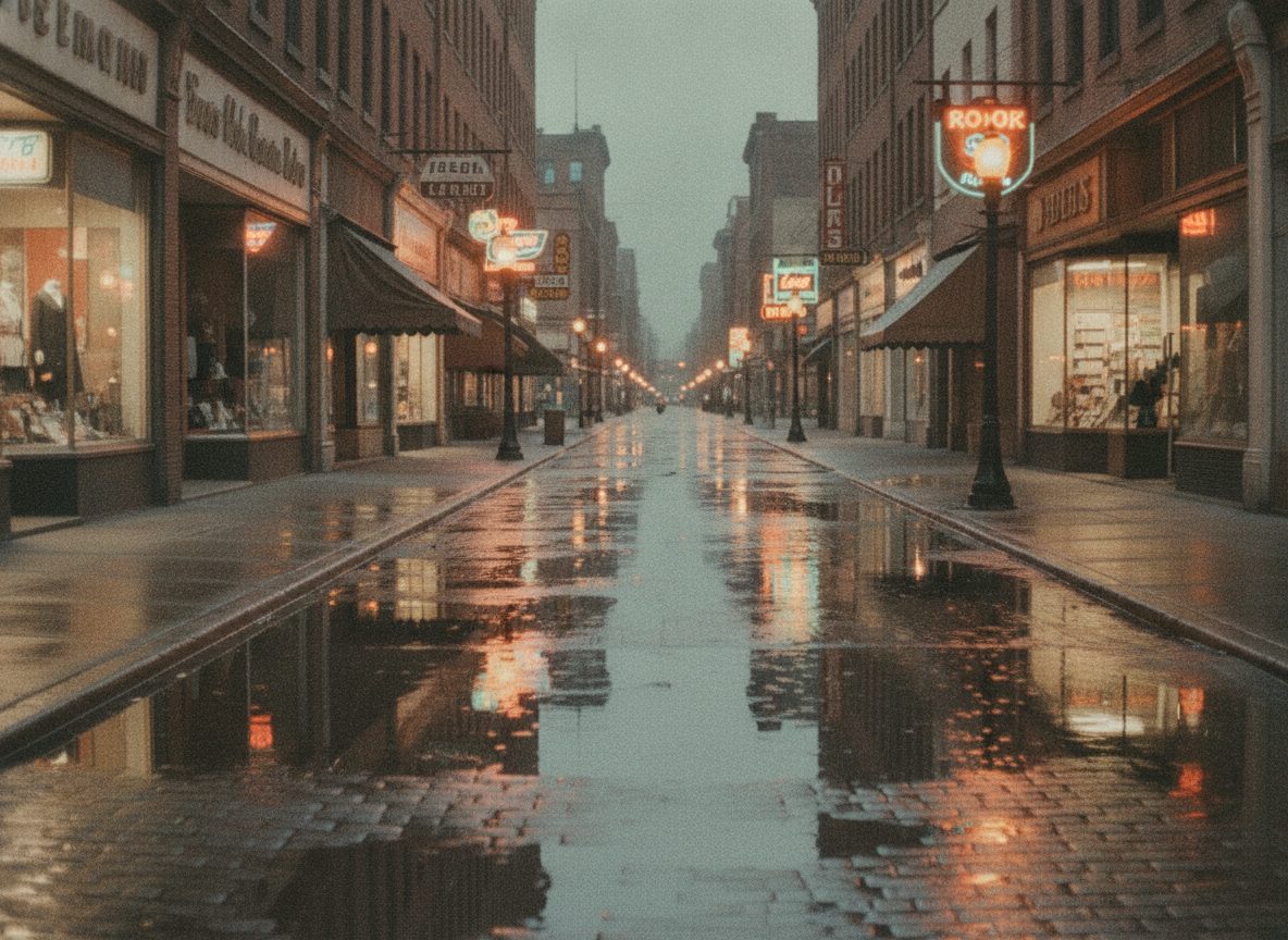A rain-slicked 1950s Chicago South Side street at dusk with neon reflections and an empty sidewalk