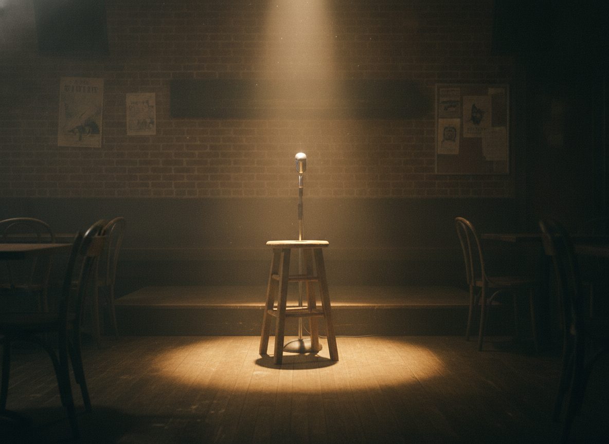 A dim smoky folk coffeehouse with a single wooden stool and microphone under a warm spotlight