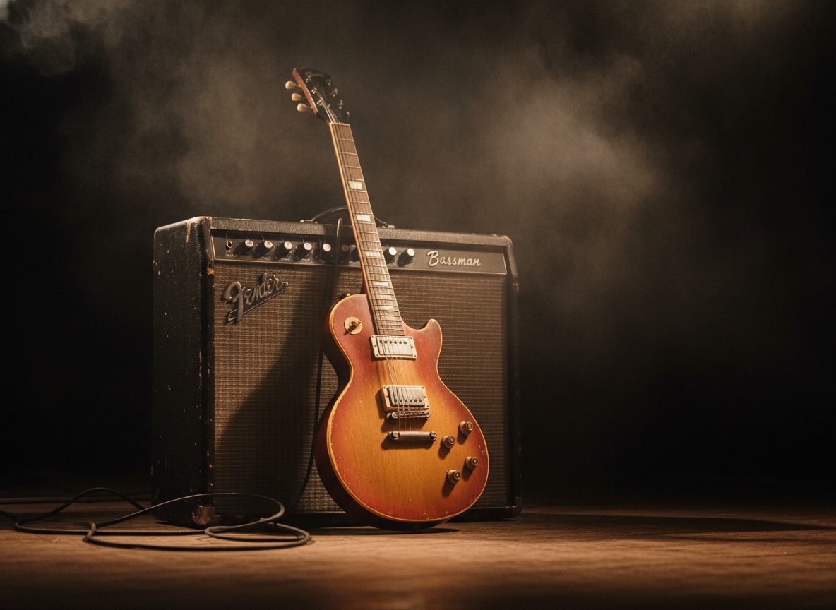 A vintage electric guitar and amplifier bathed in warm stage light against a dark backdrop of hazy smoke