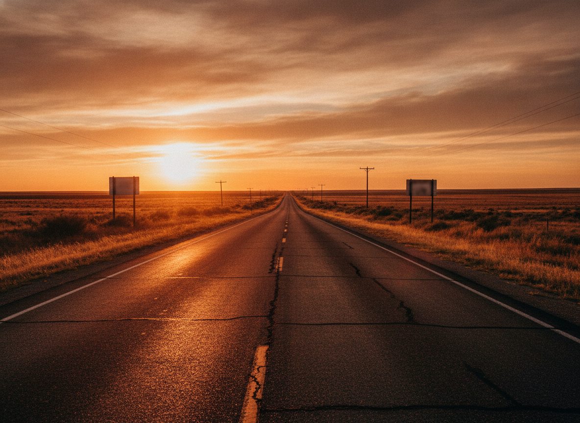 An empty two-lane highway running through weathered American plains under a wide dusty sky