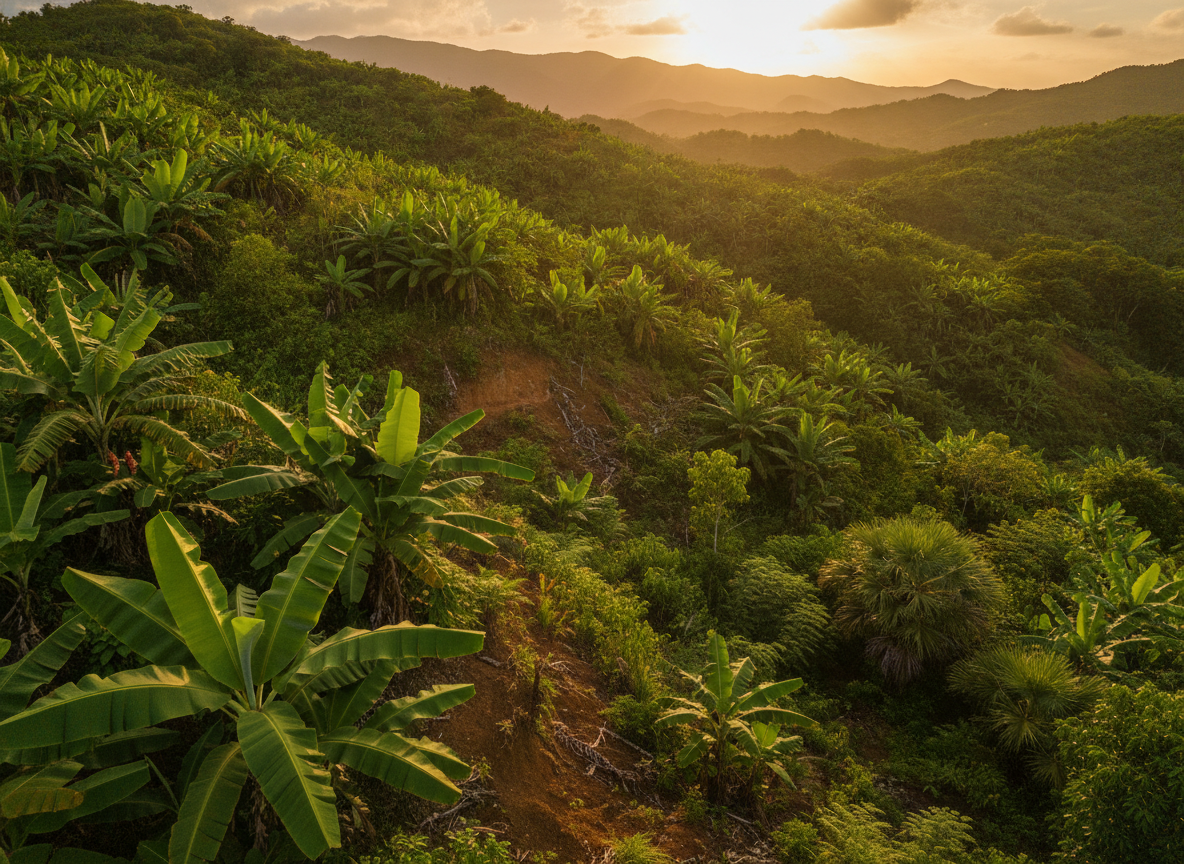 A lush green Jamaican hillside in warm island light with banana leaves and red earth