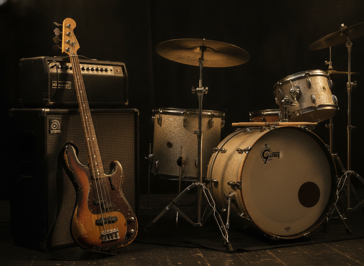 A worn bass guitar and drum kit under warm gold stage light against a dark backdrop