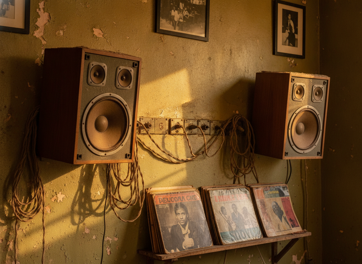 A weathered recording studio wall in warm gold and green tones with vintage speakers