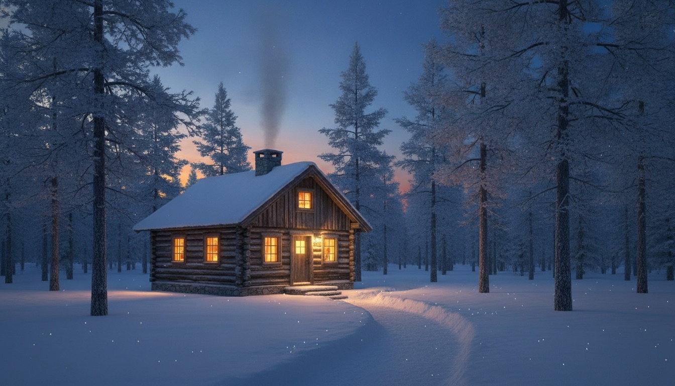 A small cabin glowing with warm light in a snowy northern forest at dusk, blue and amber