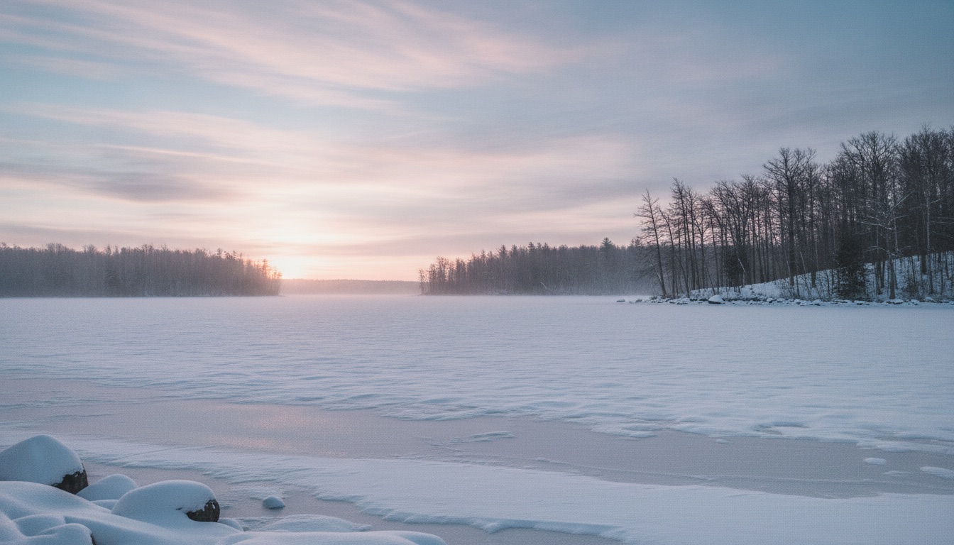 A frozen northern lake at dawn with pale pink and blue light and bare trees on the far shore