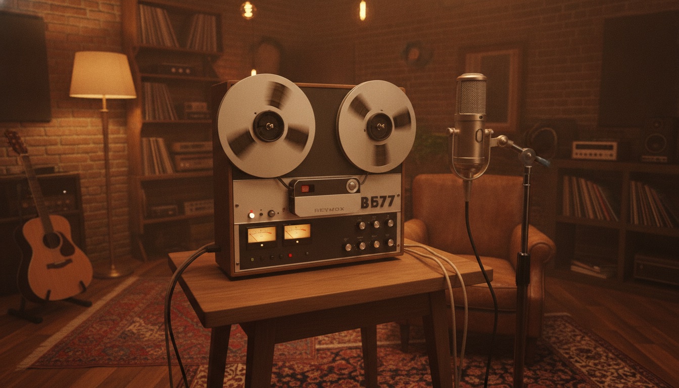 A dim studio with warm light, a reel-to-reel machine and a microphone, intimate and analog