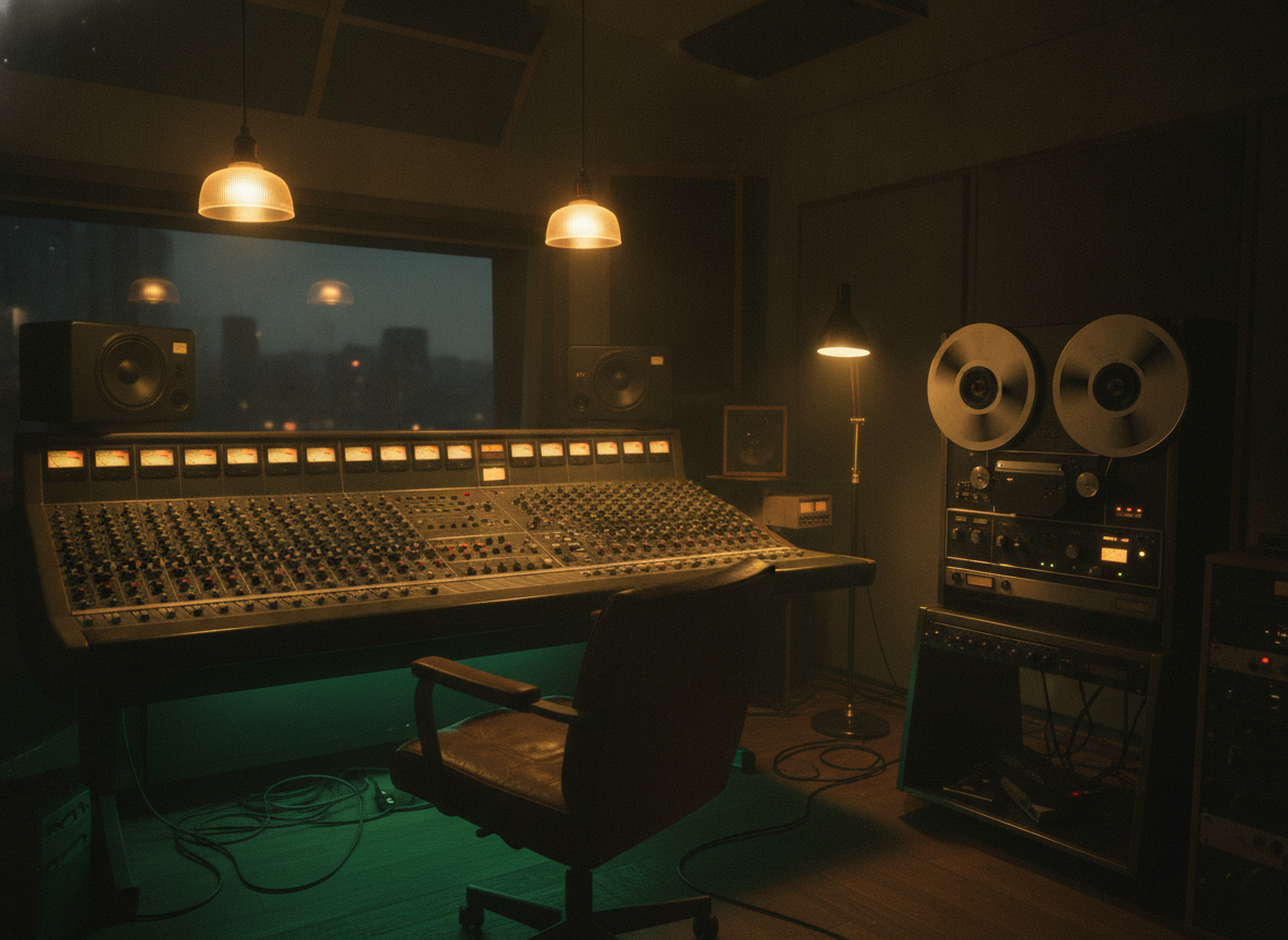 A vintage recording console and reel-to-reel tape machine lit in warm green and gold in a dim studio control room