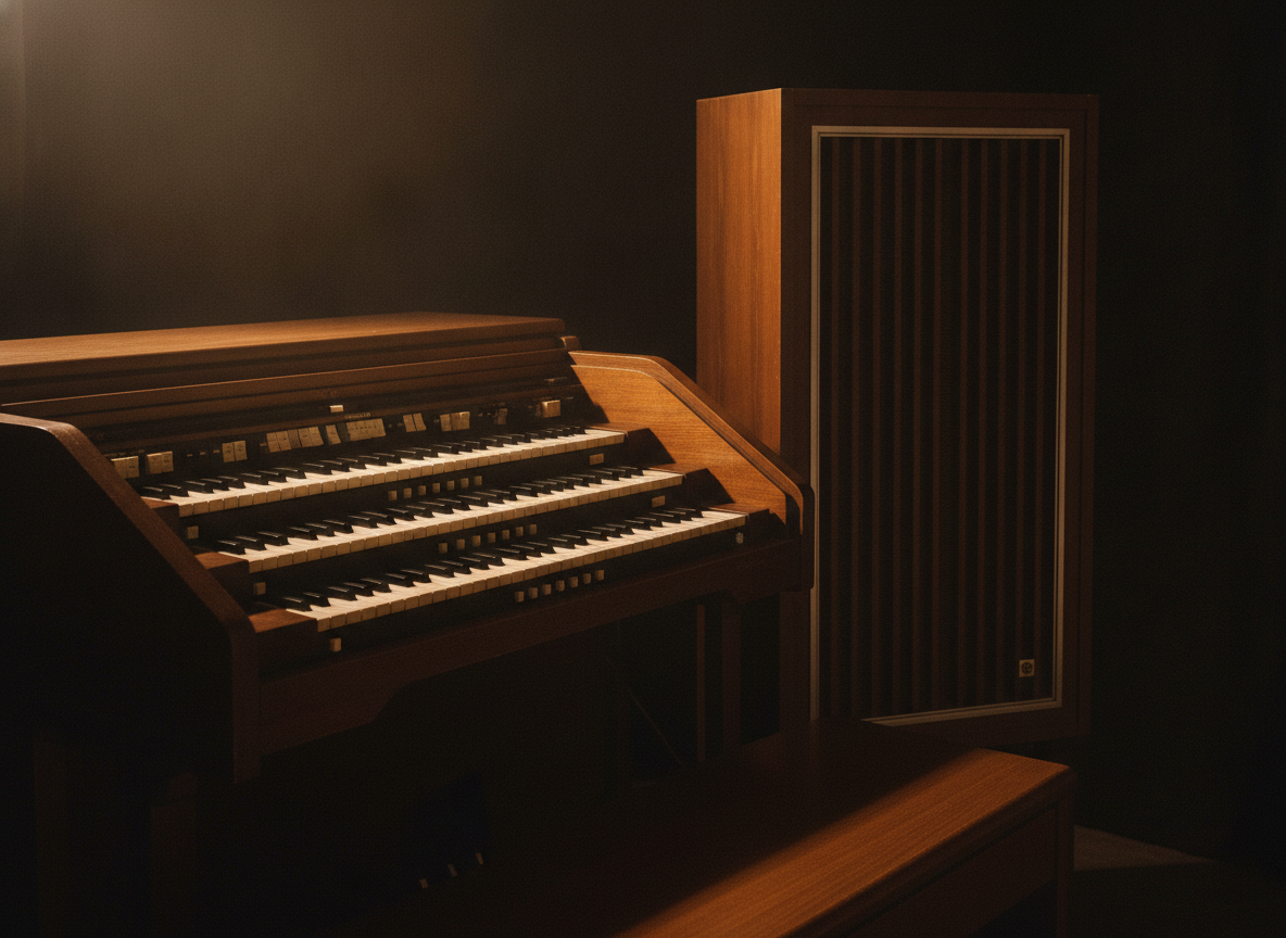A vintage Hammond organ and Leslie speaker glowing under warm gold stage light against a dark background