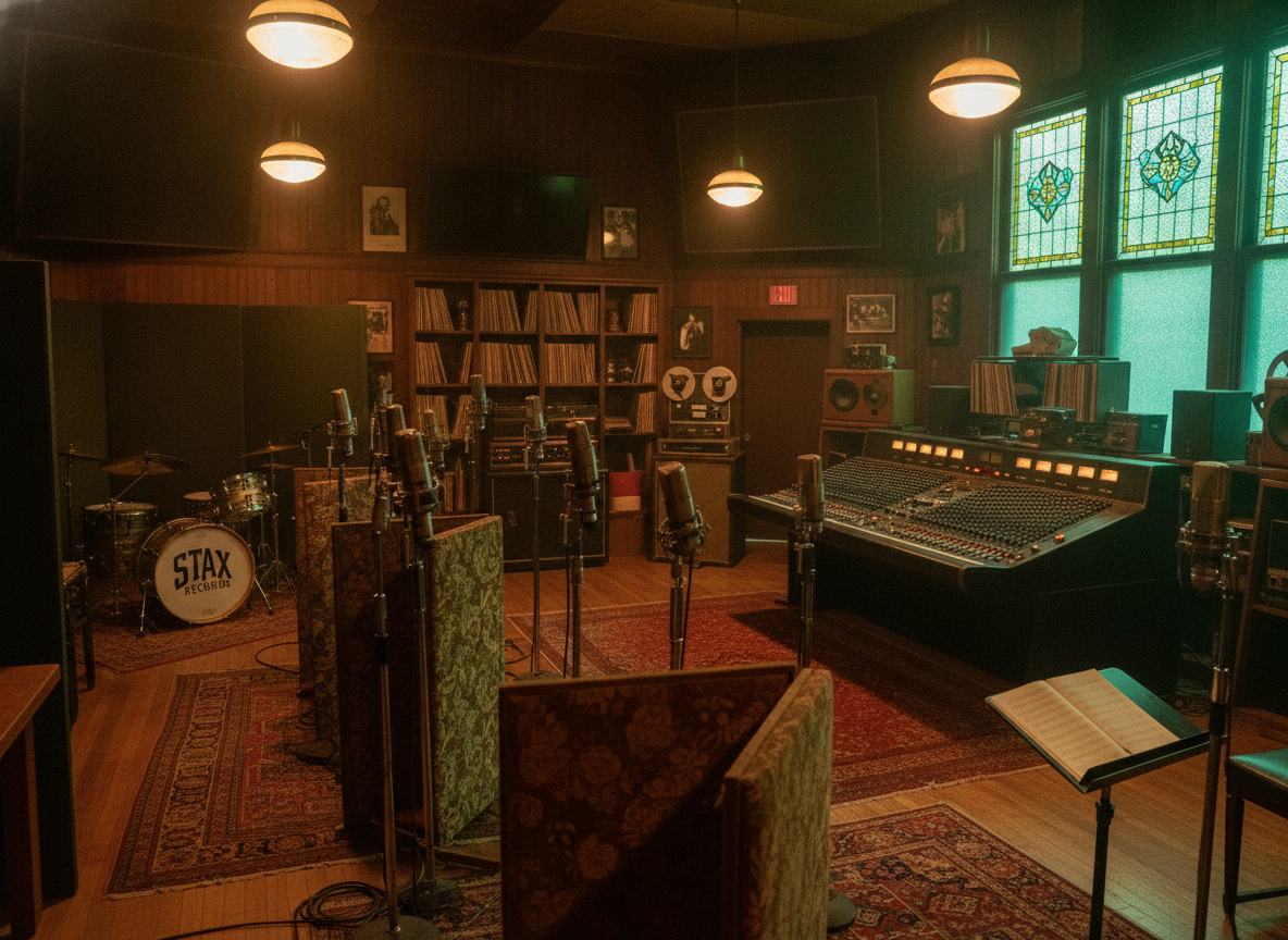 A vintage Memphis recording studio interior in warm green and gold light, empty microphones and baffles under a low ceiling
