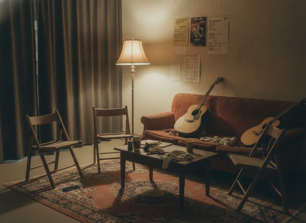 A warmly lit intimate backstage green room with three empty chairs, guitars leaning against a worn couch