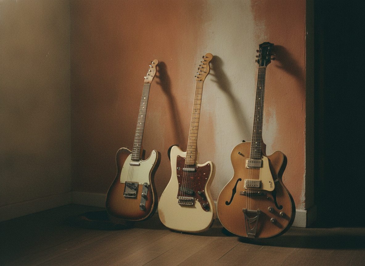 Three electric guitars resting together against a warm-lit wall in an intimate studio setting