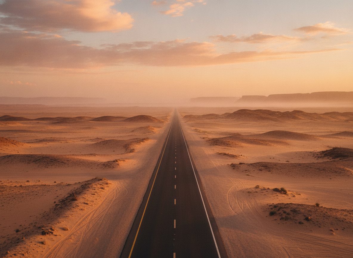 An empty desert highway at golden hour running toward distant hills under a wide warm sky