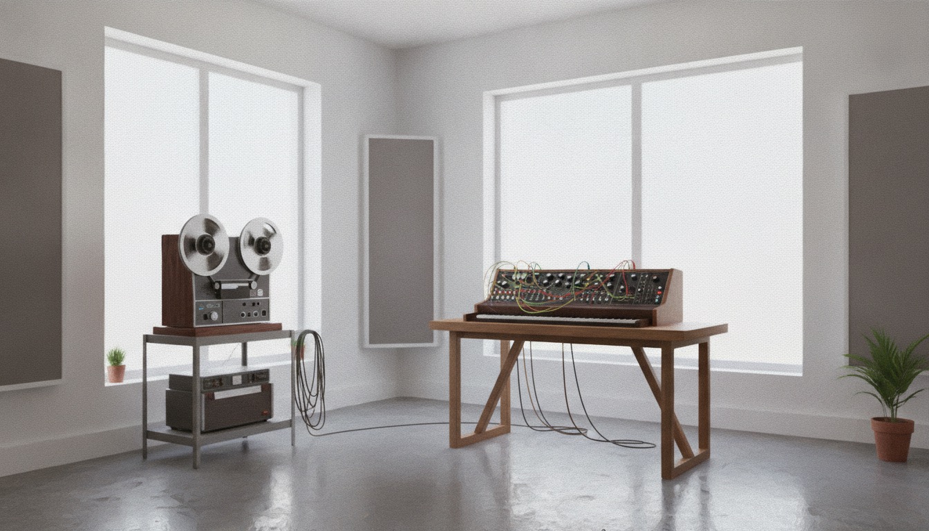 A clean modern studio with a vintage modular synthesizer and reel-to-reel tape machines in soft even light