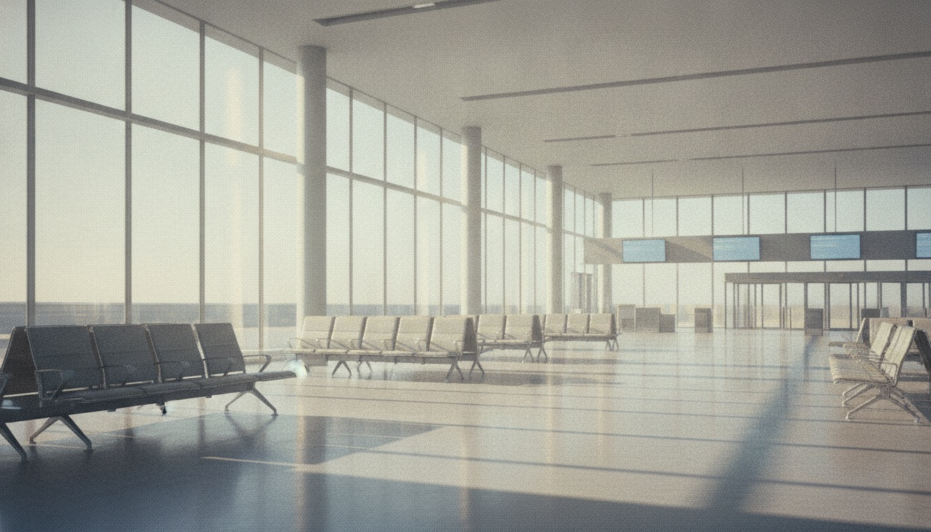 An empty airport departure lounge at dawn with pale light through tall glass, serene muted tones