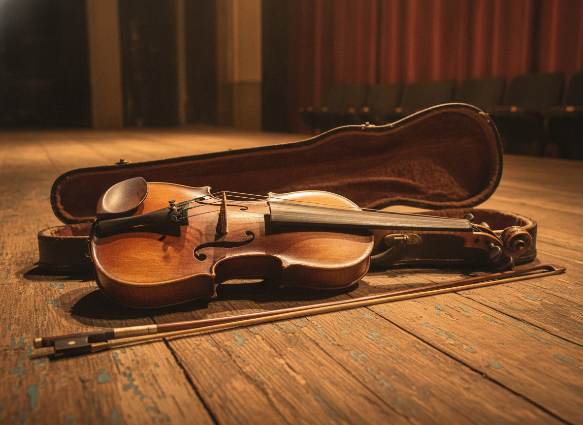 A vintage acoustic fiddle resting on a weathered wooden stage under warm amber light