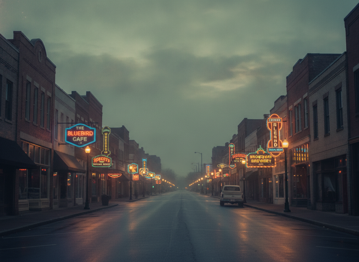 A quiet Nashville street of brick storefronts and neon under a soft green evening sky