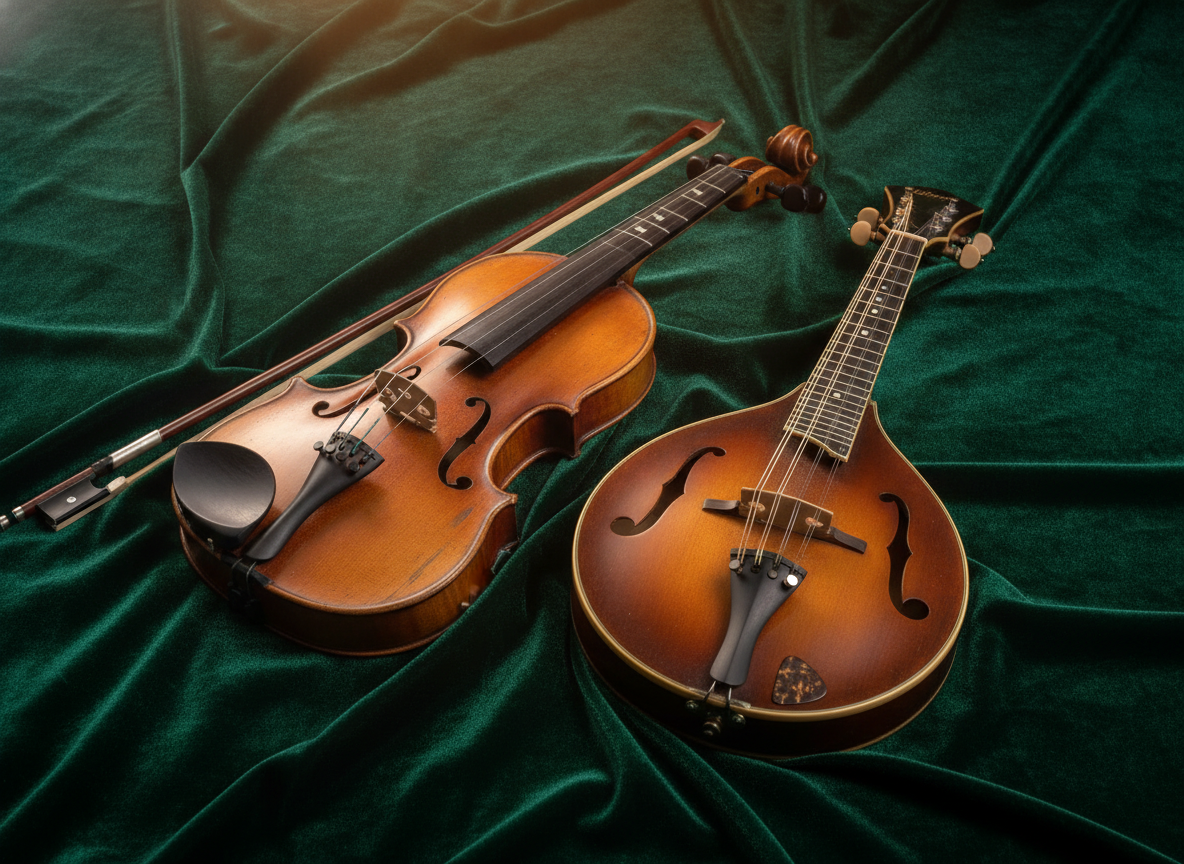 A bluegrass fiddle and mandolin resting side by side on a green velvet cloth under soft studio light