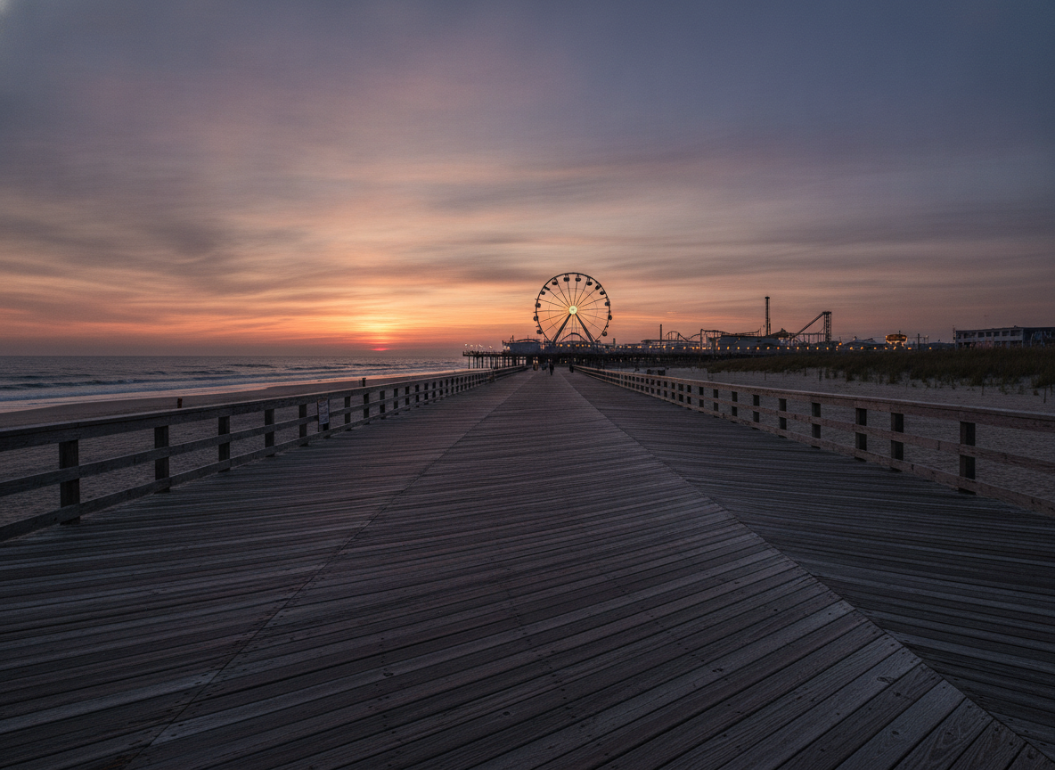 A weathered wooden boardwalk along a Jersey shore beach at dusk with empty amusement rides in the distance