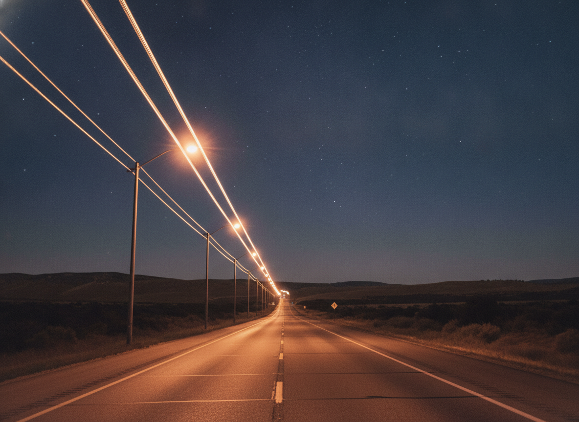 An open highway stretching into the distance at night under a string of amber streetlights
