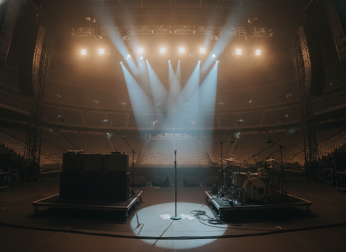 A large concert stage bathed in warm amber and blue light with instruments and microphone stands silhouetted before an empty arena