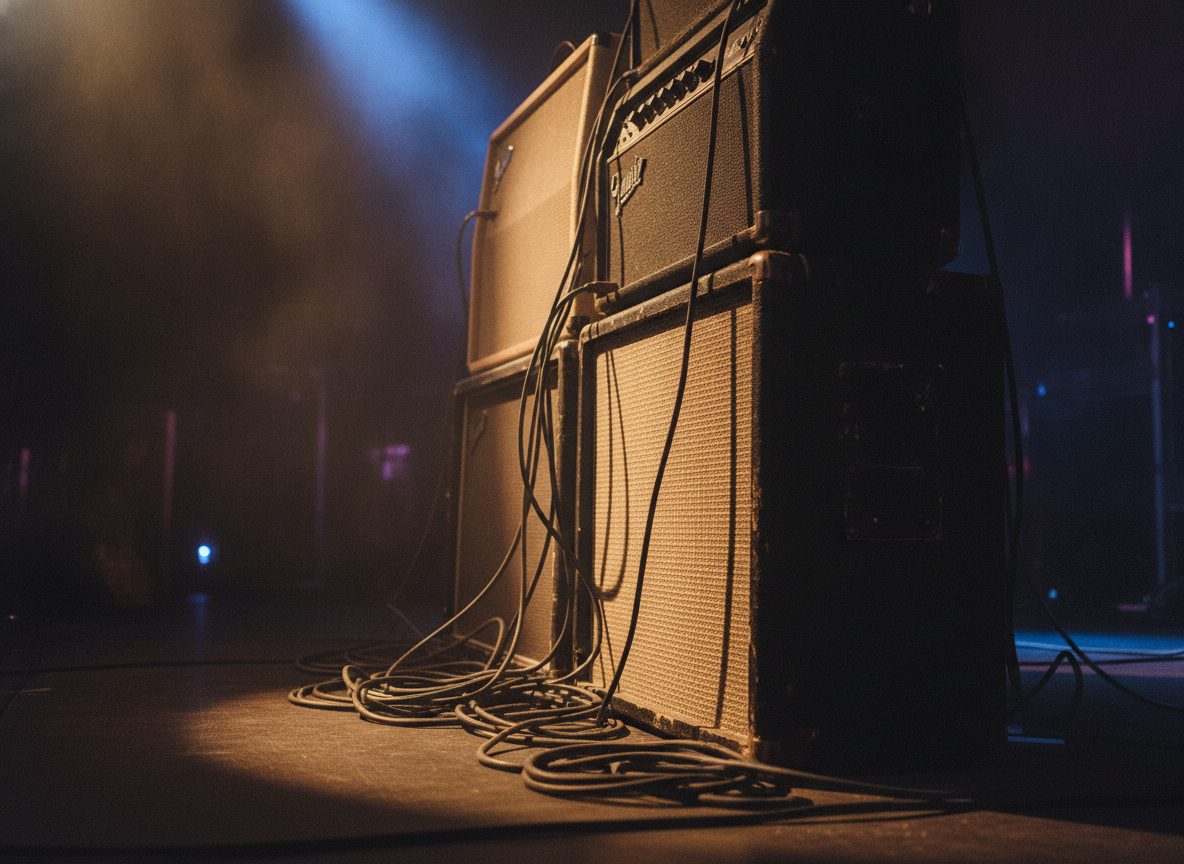 A stack of worn guitar amplifiers and coiled cables lit by warm stage light against a dark hazy backdrop