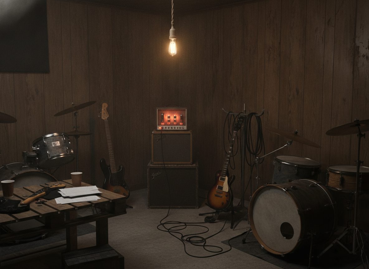 A dim practice basement with worn wood paneling, a small amplifier, and coiled cables under a bare warm bulb