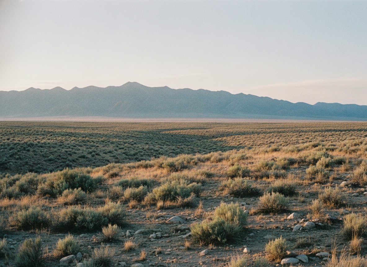 A wide high-desert plateau of dry sagebrush and distant blue mountains under an enormous pale sky