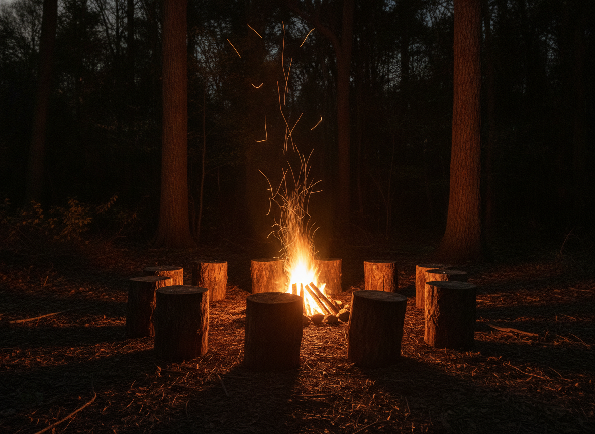 A glowing campfire ringed by wooden stumps in a dark clearing, warm sparks drifting up into the night