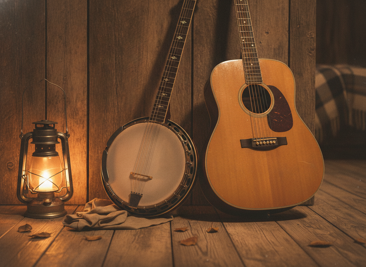 A banjo and an acoustic guitar resting side by side in warm lantern light against a dark wooden wall