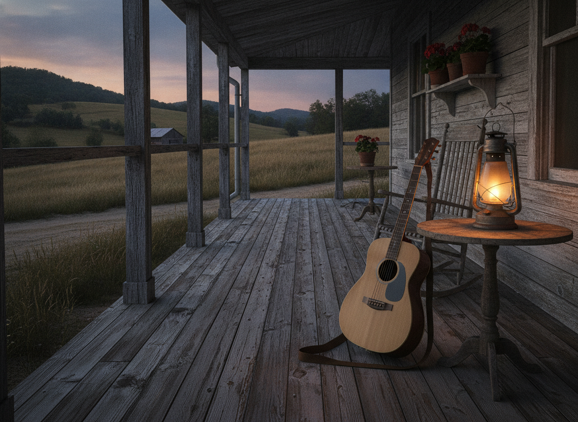 A weathered wooden porch at dusk with an acoustic guitar leaning against the railing, warm lantern light glowing