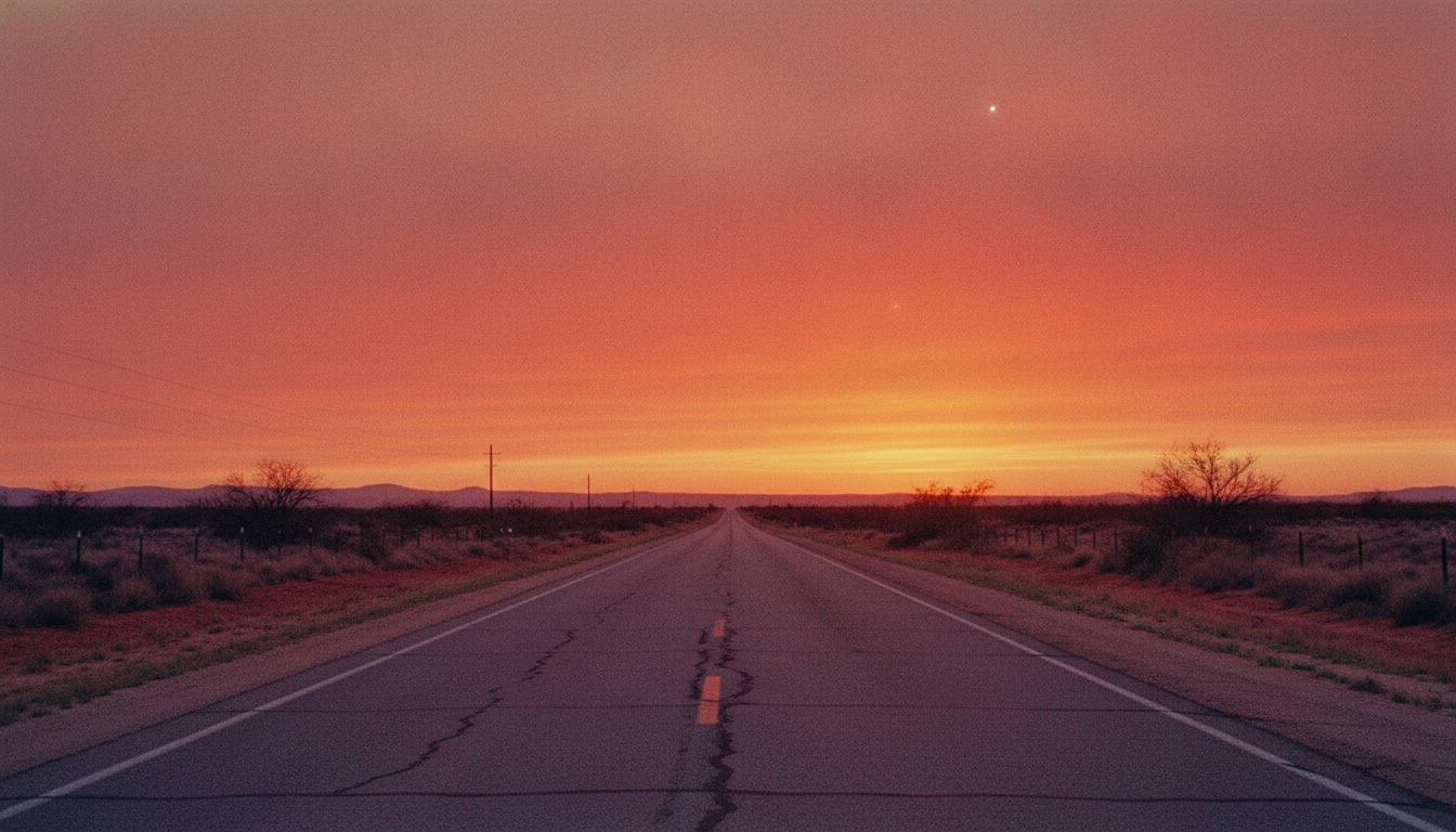 A lonely Texas highway at dusk stretching toward a big orange sky