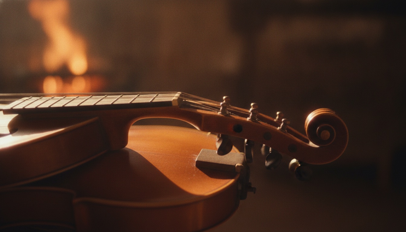 A mandolin and fiddle overlapping in warm dramatic light